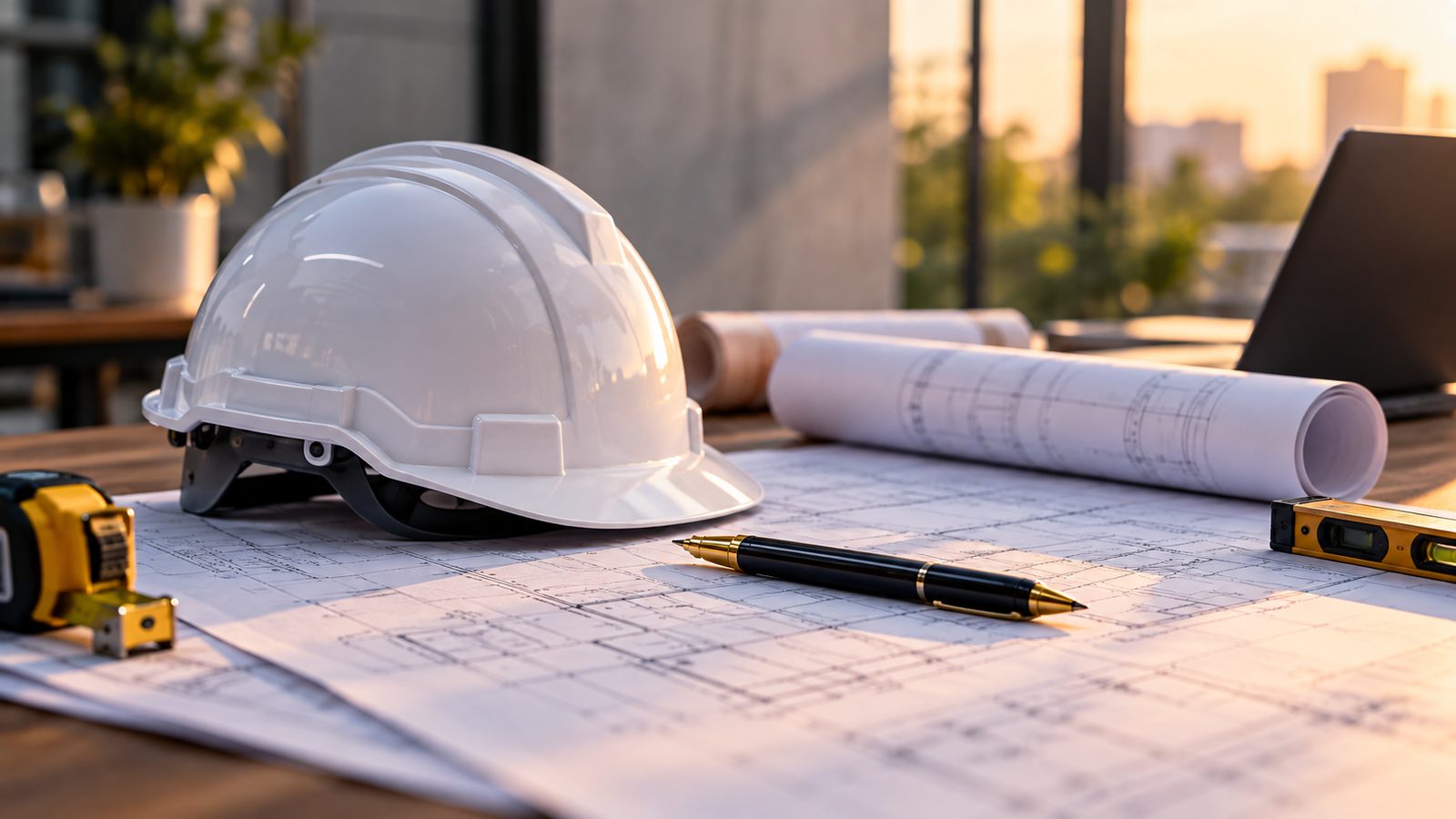 Hard hat and site plans laid out on a table with drafting tools