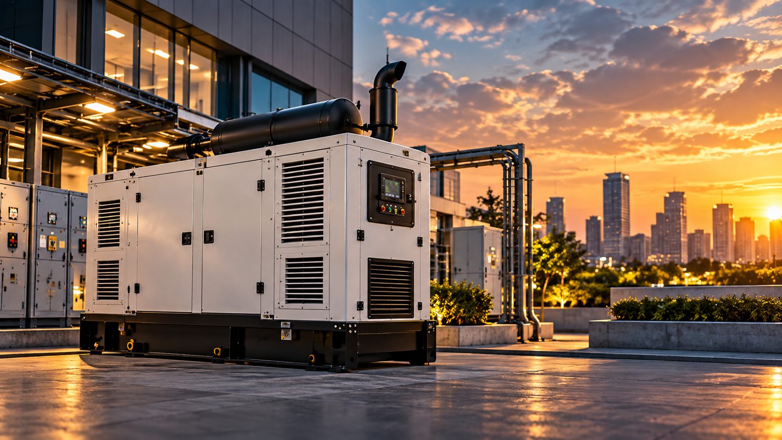 Diesel generator installed on a rooftop at sunset with the city skyline behind it
