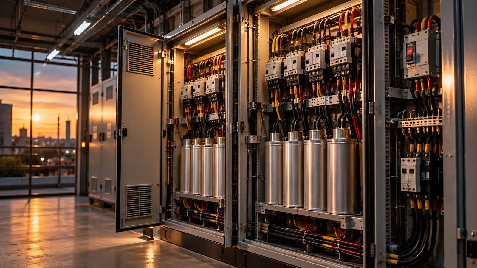 Open power factor correction panel showing capacitor banks and contactors