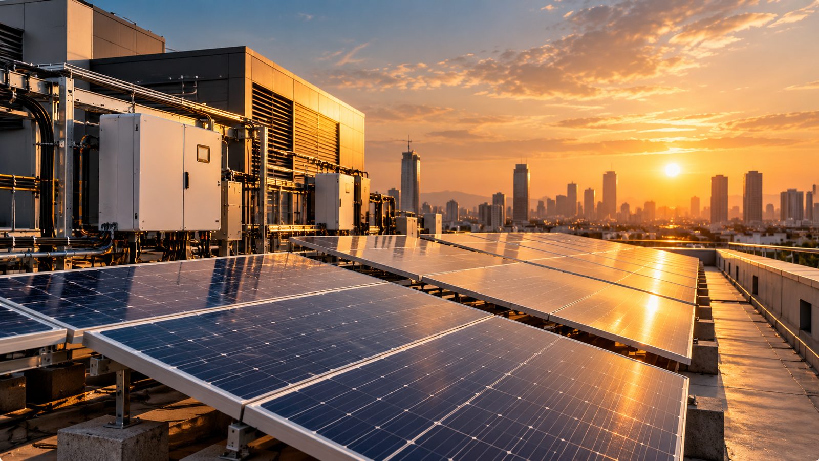 Rooftop solar panel array at sunset overlooking a city skyline
